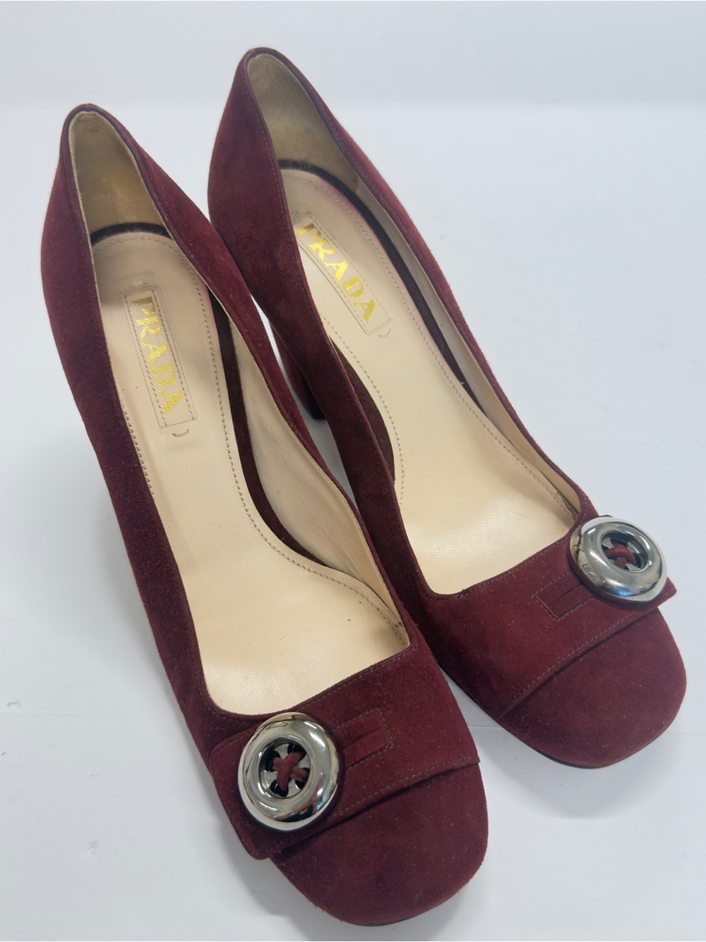 Vintage PRADA Burgundy Suede Button Accent Square Toe Pumps Heels Sz 39.5